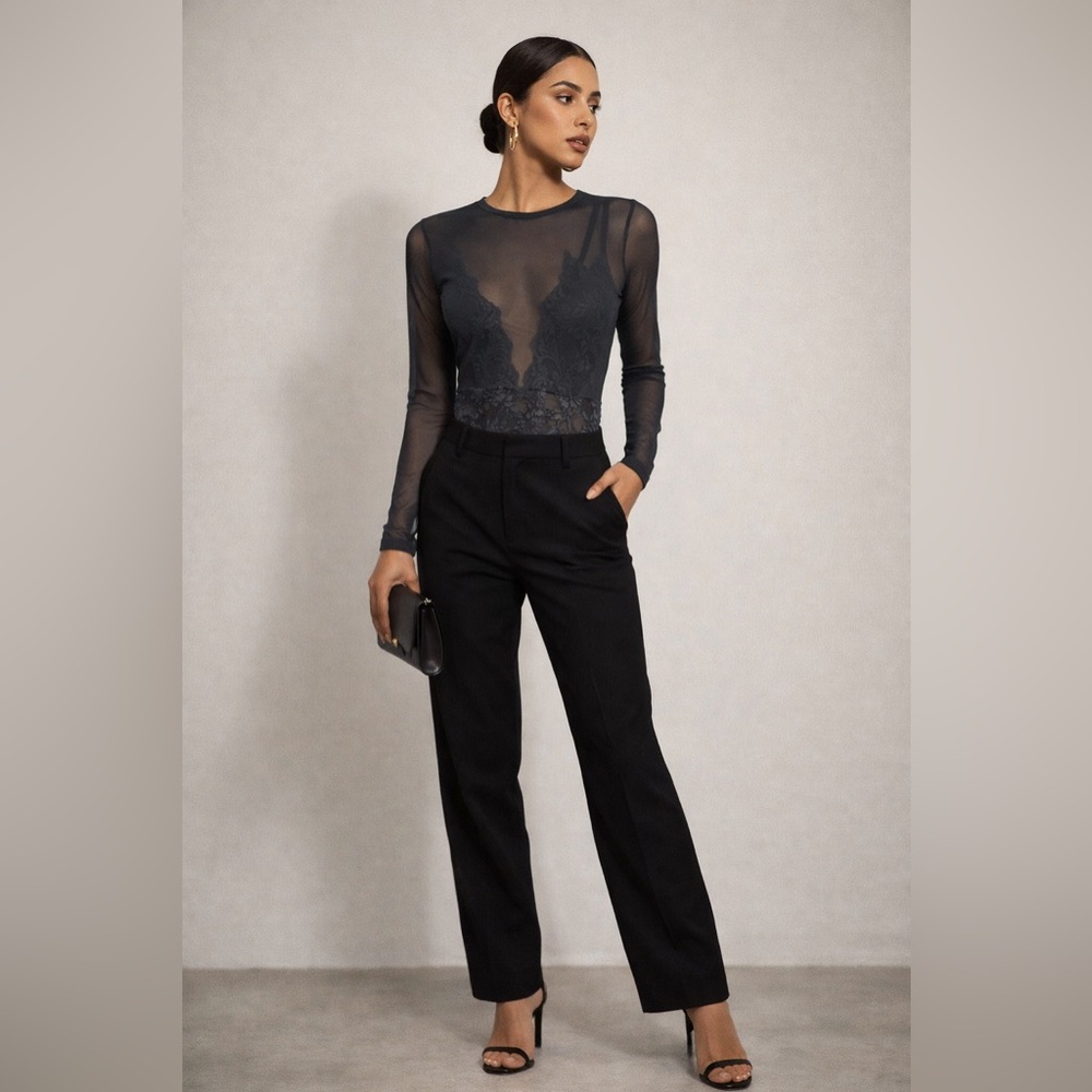 NWT HAH Intimates Lace & Mesh Bodysuit Large Romantic Sheer Black